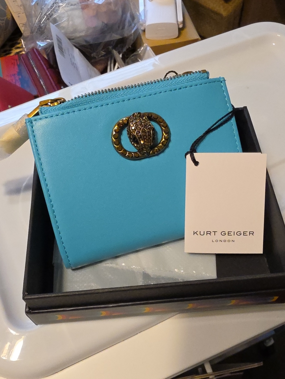 Kurt Geiger Turquoise Chelsea Zip Card Wallet with Gold Emblem
